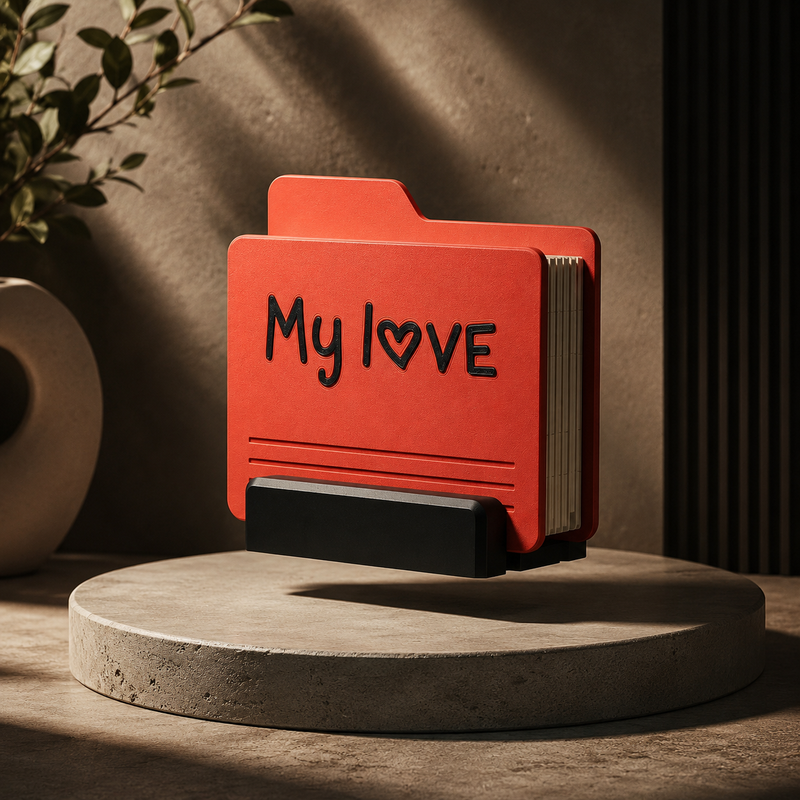 Frame & Fold desktop memory album, closed with magnetic snap on its matte stand