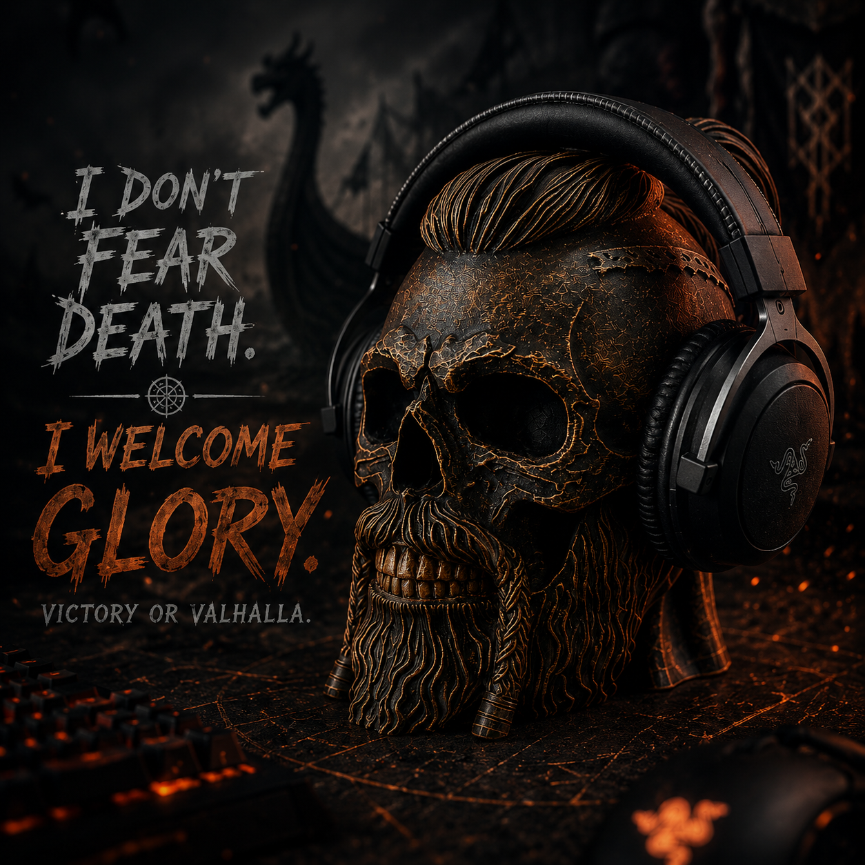 Skull with beard wearing headphones, surrounded by Viking elements and text on a dark background