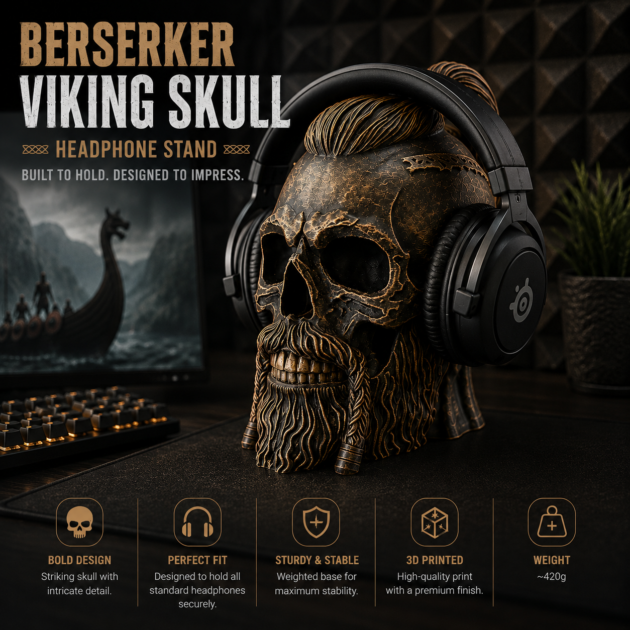 Berserker Viking Skull Headphone Holder