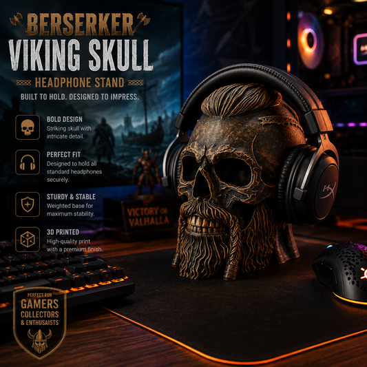 Berserker Viking Skull Headphone Stand with headphones on a desk setup